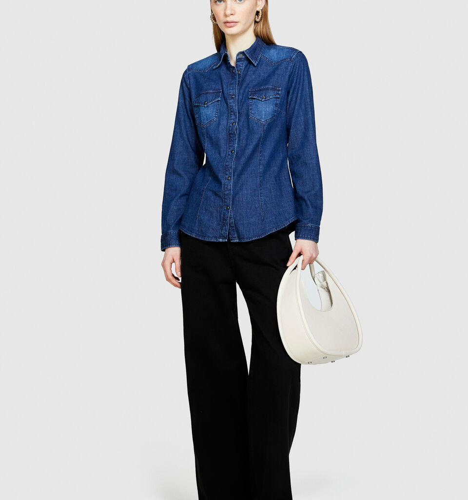 Slim fit denim shirt - women's shirts - Dark Blue | Sisley image number 1